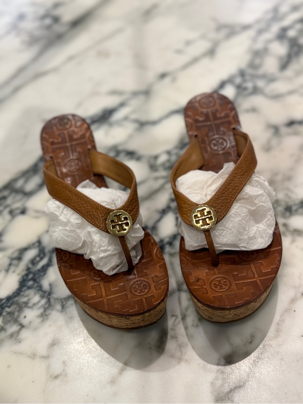 Tory Burch Miller Cork Wedge Sandals in Tan Leather Gold Hardware